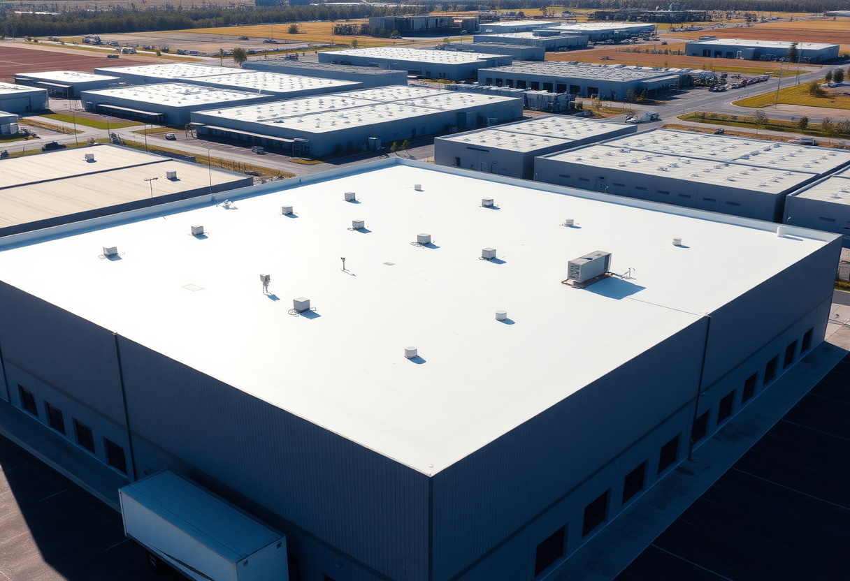 Aerial view of a commercial warehouse with a seamless white spray foam roof
