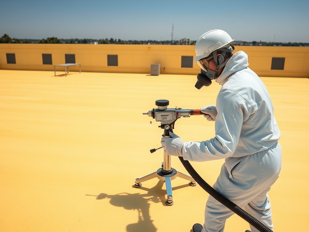 SPF roofing crew spraying polyurethane foam on a commercial roof